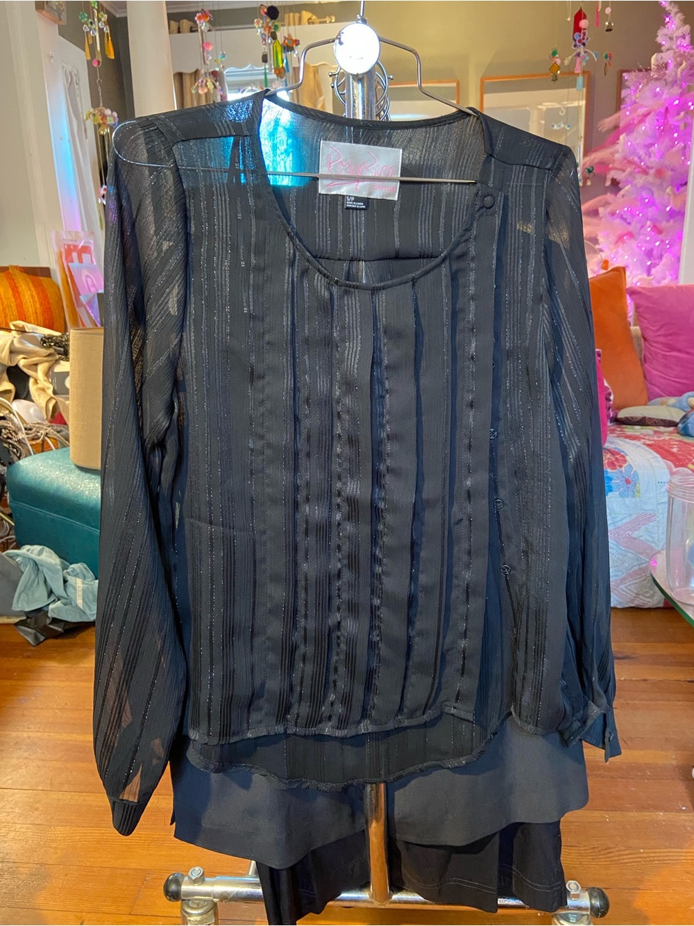 Rory Beca Black Sheer Striped Layered Blouse